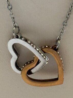 Interlocking Hearts Necklace Two Tone Silver Gold Stainless Steel CZ Pendant 18"